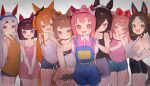  +_+ 6+girls agnes_digital_(umamusume) animal_ears bare_shoulders black_shirt blue_eyes blush bow breasts brown_hair brown_ribbon commentary cowboy_shot denim denim_shorts ear_ribbon english_commentary fang flat_chest grey_hair hairband haru_urara_(umamusume) highres horse_ears horse_girl large_breasts long_hair marvelous_sunday_(umamusume) mayano_top_gun_(umamusume) medium_hair midriff multiple_girls navel nishino_flower_(umamusume) open_mouth orange_eyes orange_hair orange_shirt pajamas pink_eyes pink_hair pink_hairband pink_shirt pointing pointing_at_viewer purple_eyes red_bow ribbon rice_shower_(umamusume) shirt shorts skin_fang sleeveless sleeveless_shirt sweep_tosho_(umamusume) tamamo_cross_(umamusume) tank_top theflatfacadeds twintails umamusume 