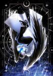  1boy absurdres black_shirt black_wings border circle coat collared_shirt earth_(planet) feathered_wings highres holding kim_dokja knees_up legs_together male_focus meteor_shower omniscient_reader's_viewpoint open_clothes open_coat ornate_border planet shirt sion_428 sky solo star_(sky) starry_sky undersized_object upside-down white_coat wings 