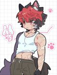  1boy animal_ear_piercing animal_ears black_hair bow chibi commentary_request dog_boy dog_ears dog_tail gogogalar highres komano_manato male_focus multicolored_hair muscular muscular_male pectoral_cleavage pectorals red_bow red_eyes scar scar_on_arm scar_on_chest scar_on_face scarf shirt tail white_shirt zenless_zone_zero 
