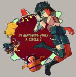  1girl animal ankle_socks aqua_shorts asliatvt asymmetrical_legwear black_hair black_socks blunt_bangs blunt_ends colored_skin creature dog ena:_dream_bbq ena_(dream_bbq) ena_(series) ena_(species) english_text fish_(ena) floating_arms floating_head floating_torso full_body green_hat grey_background hand_up hat highres hourglass_dog if_happiness_is_a_circle_(meme) leg_up looking_at_viewer low_poly matryoshka_doll meme multicolored_skin peaked_cap red_skin salesperson_ena short_hair shorts shout_lines sidelocks socks split-color_skin string string_phone suspenders theodora_(ena) thighhighs two-tone_skin white_skin 