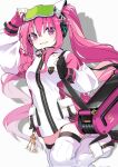  1girl anoko_san bemani black_thighhighs fingerless_gloves gloves goggles goggles_on_head grace_(nabla)_(sound_voltex) grace_(sound_voltex) hair_between_eyes highres jacket long_hair looking_at_viewer loose_thighhigh pink_eyes pink_gloves pink_hair simple_background solo sound_voltex thighhighs thighs twintails white_background white_jacket white_thighhighs 