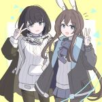  2girls :d amiya_(arknights) animal_ears arknights arknights:_endfield ascot black_ascot black_hair black_jacket black_pantyhose blue_eyes brown_hair commentary cowboy_shot dot_nose endministrator_(arknights) female_endministrator_(arknights) hand_up highres jacket long_hair long_sleeves looking_at_viewer multiple_girls notice_lines open_mouth pantyhose short_hair smile standing sweater tanakarashii v white_sweater yellow_background 