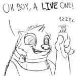 2017 anthro black_and_white bluedouble clothed clothing collar dialogue disney electric_razor english_text female grin holding_object honey_(zootopia) honey_badger mammal monochrome mustelid sharp_teeth simple_background sketch spiral_eyes teeth text white_background zootopia 
