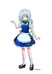  1girl apron artist_name back_bow black_shoes blue_dress blue_eyes bow braid closed_mouth commentary_request dress frilled_dress frills full_body green_bow green_ribbon grey_hair hair_bow izayoi_sakuya long_hair long_sleeves looking_at_viewer maa_(forsythia1729) maid maid_headdress neck_ribbon one_eye_closed pinafore_dress puffy_long_sleeves puffy_sleeves ribbon shoes simple_background sleeveless sleeveless_dress smile socks solo touhou twin_braids waist_apron watermark white_apron white_background white_bow white_socks 