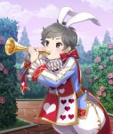 1girl alice's_adventures_in_wonderland animal_ear_hairband animal_ears belt blue_shirt blush bow brown_belt brown_eyes bugle cloud cosplay cowboy_shot day dot_nose fake_animal_ears flower frilled_sleeves frills game_cg grey_hair hairband hands_up hasui_mayumi heart heart_print hedge holding holding_instrument instrument leaning_forward long_sleeves music neck_ruff official_art outdoors pants pink_flower pink_rose playing_instrument puffy_pants purple_sky rabbit_ear_hairband rabbit_ears red_bow red_ribbon ribbon rose shirt short_hair side_slit sky solo stone_walkway third-party_source toji_no_miko toji_no_miko:_kizamishi_issen_no_tomoshibi tree very_short_hair white_hairband white_pants white_rabbit_(alice_in_wonderland) white_rabbit_(alice_in_wonderland)_(cosplay) 