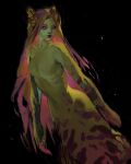  1girl absurdres animal_print arm_markings black_background blonde_hair colored_inner_hair commentary english_commentary glowing glowing_hair head_wings highres looking_to_the_side mermaid monster_girl multicolored_hair nude original painterly red_lips ribs simple_background smile solo tiger_print twulfs wings 