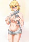  alternate_costume bangs bare_arms bare_back bare_shoulders blonde_hair blush breasts closed_mouth cowboy_shot dress eyes_visible_through_hair frown green_eyes groin highres large_breasts meme_attire midriff mizuhashi_parsee navel no_panties nose_blush ootsuki_wataru pointy_ears ribbed_sweater short_hair solo stomach sweater sweater_dress touhou virgin_killer_sweater wardrobe_error wavy_mouth 