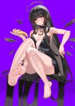  1girl absurdres amulet areola_slip arknights bare_legs bare_shoulders barefoot black_dress black_hair black_halo blush breasts bright_pupils broken_halo cheese cheese_trail chinese_commentary commentary_request convenient_leg dark_halo detached_wings dress energy_wings feet fingernails food food_on_foot foot_focus frills full_body halo head_tilt highres hime_cut holding holding_food holding_pizza knees_together_feet_apart legs long_hair looking_at_viewer medium_breasts mole mole_under_eye nail_polish official_alternate_costume parted_lips pizza pizza_slice presenting_foot purple_background purple_nails sidelocks simple_background sitting sleeveless soles solo strapless toenail_polish toenails toes tongku_jue_jie very_long_hair virtuosa_(arknights) virtuosa_(diversity_oneness)_(arknights) wings 