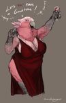 2026 alcohol anthro avian beak beverage bird blush breasts cleavage clothed clothing cockatoo container cup dialogue dress drinking_glass drunk english_text feathers female galah glass glass_container glass_cup gothicgalaxies_(artist) hi_res holding_glass holding_object overweight overweight_anthro overweight_female parrot pink_body pink_feathers red_clothing red_dress scuted_arms scuted_legs scutes solo substance_intoxication text wine wine_glass