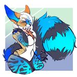  anthro big_tail black_fur blue_eyes blue_fur border breasts clothed clothing featureless_breasts female fur gummymonster hair hybrid mammal multicolored_fur nude pose presenting simple_background smile solo valerie_(frostedpaws) white_border white_fur white_hair yellow_fur 