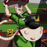  anthro apron belly big_belly big_belly_button big_breasts blue_eyes bodily_fluids breasts clothing domestic_cat felid feline felis female fetal_movement fluffy fluffy_tail food fruit huge_belly hyper hyper_belly hyper_fetal_movement hyper_pregnancy makseqs mammal movement organs plant pregnant pregnant_anthro pregnant_female solo stomach store sweat tail thick_thighs wide_hips workshop 