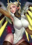  armpits black_legwear blonde_hair blue_eyes breasts commentary cowboy_shot elbow_gloves gloves glowing glowing_wings highleg highleg_leotard large_breasts leotard looking_at_viewer mechanical_wings mercy_(overwatch) overwatch parted_lips pink_lips ponytail smile solo spread_wings thighhighs watermark web_address wings yellow_wings ynorka_chiu 