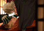  2boys ajuji_aju bleach blonde_hair boy_on_top bucket_hat collared_shirt commentary_request eye_contact facial_hair fingernails hand_on_another's_face hat highres hirako_shinji japanese_clothes looking_at_another lying male_focus multiple_boys on_back on_floor orange_shirt parted_lips shirt short_hair stubble teeth unworn_headwear urahara_kisuke yaoi 