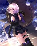  armor armored_dress ass asymmetrical_legwear back bangs black_armor black_legwear breasts cloud cloudy_sky dutch_angle elbow_gloves fate/grand_order fate_(series) from_behind gloves holding_shield lavender_hair lens_flare looking_at_viewer looking_back mash_kyrielight medium_breasts mismatched_gloves purple_eyes shield short_hair sky smile solo sunlight tan_(tangent) thighhighs water_drop 