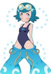  10s 1girl arms_behind_back bangs bare_shoulders blue_eyes blue_hair blunt_bangs blush closed_mouth female goggles nintendo npc npc_trainer one-piece_swimsuit pants pants_down pokemon_(anime) pokemon_(game) pokemon_sm pokemon_sm_(anime) shiny shiny_skin short_hair smile solo standing suiren_(pokemon) swimsuit trial_captain white_background xiao_rui_rui 