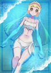  1girl absurdres blonde_hair blush collarbone green_eyes highres lillie_(pokemon) long_hair looking_at_viewer midriff pokemon pokemon_sm solo swimming swimsuit water yasu_suupatenin 