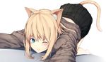  3; all_fours animal_ears aqua_eyes bangs barefoot black_skirt blonde_hair blush cat_ears cat_girl cat_tail closed_mouth dutch_angle eyebrows_visible_through_hair hair_between_eyes hiraba_6018 long_hair looking_at_viewer one_eye_closed original pleated_skirt ribbed_sweater sidelocks simple_background skirt solo stretch sweater tail top-down_bottom-up white_background 