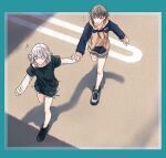  2girls aqua_border bad_id bad_twitter_id bang_dream! bang_dream!_it's_mygo!!!!! black_shirt black_shoes blue_hoodie blunt_bangs border brown_hood brown_hoodie closed_mouth collarbone commentary eighth_note flying_sweatdrops grey_hair highres hood hoodie inset_border kaname_raana layered_sleeves long_sleeves multicolored_hoodie multiple_girls musical_note open_mouth orange_eyes pulling shadow shirt shoes short_hair short_over_long_sleeves short_sleeves shorts sidelocks single_sidelock sleeves_past_wrists smile sneakers takamatsu_tomori v-shaped_eyebrows white_hair yukitake_(bullfalk) 