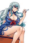  :o blue_dress blue_hair breasts chalk cleavage collarbone commentary_request dress heiseikorotaisei holding huge_breasts kamishirasawa_keine left-handed long_hair multicolored_hair no_hat no_headwear puffy_short_sleeves puffy_sleeves red_eyes short_sleeves sidelocks silver_hair sitting solo thighs touhou two-tone_hair 