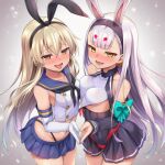  2girls ai-generated animal_ears azur_lane bare_shoulders black_hairband blonde_hair blush breasts buttons commentary_request crop_top crossover dress elbow_gloves gloves hairband highleg highleg_panties kantai_collection legs_together long_hair looking_at_viewer microskirt multiple_girls name_connection navel okasa_re_taii open_mouth panties partial_commentary rabbit_ears rabbit_girl sailor_collar shimakaze_(azur_lane) shimakaze_(kancolle) simple_background skin_tight skirt sleeveless small_breasts smile standing thighs tongue tongue_out underwear very_long_hair white_background white_gloves white_hair yellow_eyes 