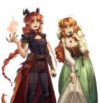  2girls absurdres ahoge animification arm_tattoo armor artist_name belt belt_buckle belt_pouch black_armor black_belt black_pantyhose braid breasts brown_belt brown_corset brown_shorts buckle claws cleavage clip_studio_paint_(medium) commentary corset cowboy_shot curtained_hair dragon_girl dragon_horns dragon_tail dress dual_persona english_commentary eydilily fang fire flower freckles geminitay geminitay_(dragon_rider) geminitay_(innkeeper) green_dress green_eyes hair_flower hair_ornament hand_up hermitcraft highres holding holding_microphone horns jewelry leaning_forward long_hair looking_at_viewer low_twin_braids medium_breasts microphone minecraft_youtube multiple_girls necklace off-shoulder_shirt off_shoulder official_alternate_costume open_mouth orange_hair pantyhose pointy_ears pouch red_flower red_skirt ring shirt shorts simple_background skirt standing sunflower sunflower_hair_ornament tail tattoo twin_braids very_long_hair wavy_hair white_background white_shirt 