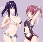  2girls armpits bangs bikini breasts front-tie_bikini kazuno_leah kazuno_ria kazuno_sarah kazuno_seira large_breasts love_live! love_live!_sunshine!! multiple_girls one-piece_swimsuit pink_eyes ponytail purple_hair red_hair saint_snow siblings side-tie_bikini simple_background sisters small_breasts smile swimsuit tagme twintails 