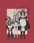 3girls apron belt black_choker blair_bradley blonde_hair blue_eyes blunt_bangs boots bow bowtie breasts brown_dress brown_hair byackopath_(artist) choker closed_mouth colorful_gray commentary_request dress drooling full_body hands_up head_tilt headless heterochromia high_heel_boots high_heels iris_grandguinol juliet_sleeves knee_boots large_breasts lineup long_sleeves looking_at_viewer maid mary_sue_(colorful_gray) multiple_girls necktie open_mouth orange_eyes platform_sandals puffy_sleeves purple_eyes red_background red_bow red_bowtie sandals short_dress short_hair short_twintails sleeveless sleeveless_dress small_breasts smile tareme twintails waist_apron white_dress wide-eyed 