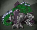 abs animal_humanoid anthro chair claws dinosaur furniture grockle horn humanoid jaws kaiju male muscular on_chair ornithischian pecs prehistoric_species reptile scalie scalie_humanoid sitting sitting_on_chair solo spines stegosaurian tail thyreophoran toe_claws tyrannozilla