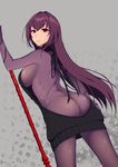  ass back black_sweater bodysuit breasts cowboy_shot fate/grand_order fate_(series) gae_bolg highres holding holding_weapon large_breasts long_hair looking_at_viewer meme_attire pochi_(pochi-goya) purple_hair red_eyes scathach_(fate)_(all) scathach_(fate/grand_order) solo sweater virgin_killer_sweater weapon 