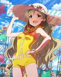  :d alternate_hairstyle beamed_eighth_notes bracelet brown_hair earrings hand_on_headwear hand_on_hip handa_roko hat idolmaster idolmaster_million_live! jewelry long_hair looking_at_viewer musical_note official_art one-piece_swimsuit open_mouth smile solo_focus sun_hat swimsuit v-shaped_eyebrows yellow_eyes 