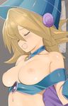  bare_chest bare_shoulders blonde_hair blush breastless_clothes breasts choker cleavage closed_eyes dark_magician_girl duel_monster hat highres large_breasts long_hair open_mouth pentacle smile solo wizard_hat yuu-gi-ou yuu-gi-ou_duel_monsters zuttokodomo 