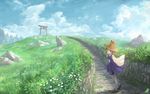  blonde_hair blue_sky cloud cloudy_sky commentary_request day flower grass hair_ribbon hat highres looking_at_viewer meadow moriya_suwako outdoors pantyhose purple_skirt ribbon rock skirt skirt_set sky sleeves_past_wrists smile solo stairs torii touhou vest white_legwear wide_sleeves yellow_eyes you_shimizu 