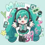  1girl aqua_eyes aqua_hair aqua_necktie bare_shoulders black_boots black_skirt black_sleeves blue_bow blue_flower blush blush_stickers boots bow cd character_name chibi_mera collared_shirt commentary_request deformed detached_sleeves english_text facing_viewer flower green_background green_flower grey_shirt hair_between_eyes hair_ornament hairclip hatsune_miku headphones heart highres long_hair looking_at_viewer microphone miniskirt musical_note necktie open_mouth outstretched_arms shirt sidelocks skirt sleeveless sleeveless_shirt smile solo spring_onion straight-on striped_background striped_clothes striped_shirt striped_skirt striped_sleeves thigh_boots twintails two-tone_background vertical-striped_clothes vertical-striped_shirt very_long_hair videocassette vocaloid white_background yellow_flower zettai_ryouiki 