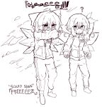  2girls ? absurdres alternate_costume bow breasts cirno commentary daiyousei english_text fairy fairy_wings greyscale hair_bow highres ice ice_wings jacket korean_commentary korean_text long_sleeves medium_hair monochrome multiple_girls one_side_up open_mouth pants rampa93 small_breasts squid_game sweat touhou translation_request wings 