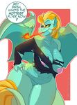  2017 alternate_species anthro areola arnachy big_breasts border bottomless breasts claws clothed clothing dialogue dragon dragonification english_text female fire friendship_is_magic hair hand_on_hip hi_res lightning_dust_(mlp) looking_at_viewer membranous_wings multicolored_hair my_little_pony nipples pussy simple_background solo text thick_thighs torn_clothing two_tone_hair url white_border wings 