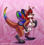 alynna antennae_(anatomy) anthro arthropod bodily_fluids breasts butterfly canid canine female fox hair hi_res hybrid insect insect_wings jewelry kangaroo lactating lepidopteran lepidopteran_wings looking_at_viewer macropod mammal marsupial multi_breast papayamist pendant pouch_(anatomy) smile solo wings