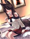  animal_ears bed blush breasts brooch brown_hair collarbone dress fingernails hair_over_one_eye highres imaizumi_kagerou jewelry kouno_ibuki long_hair long_sleeves looking_at_viewer medium_breasts open_mouth red_eyes sitting solo tail touhou very_long_hair wide_sleeves wolf_ears wolf_tail 