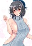  bare_back bare_shoulders beret blue_hat blue_sweater blush breasts commentary_request eyebrows_visible_through_hair hair_between_eyes hat highres kantai_collection large_breasts looking_at_viewer meme_attire open_mouth red_eyes revealing_clothes ribbed_sweater sankakusui short_hair sideboob simple_background solo sweater takao_(kantai_collection) turtleneck turtleneck_sweater upper_body virgin_killer_sweater white_background 