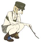  1girl blonde_hair boots breasts brown_boots cleavage cross cross_necklace fang from_side hat holding holding_stick jewelry limestone_(artist) looking_down marichka medium_breasts midriff military_hat narrowed_eyes necklace no_jacket original pointing russo-ukrainian_war short_hair shorts skin_fang solo squatting stick sticker transparent_background ukrainian_flag 