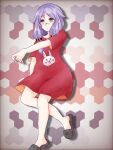  1girl alternate_costume blue_background brown_eyes closed_mouth commentary_request dot_mouth flat_chest full_body goumon_baito-kun_no_nichijou grey_background grey_slippers honeycomb_(pattern) honeycomb_background leg_up long_hair long_shirt long_sidelocks looking_ahead metal_hair_tubes nose orange_background outstretched_arm purple_background purple_hair red_background red_shirt rioriyan rische_(goumon_baito-kun_no_nichijou) scar scar_on_face scar_on_nose shirt short_sleeves sidelocks slippers solo standing standing_on_one_leg white_background 