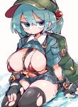  1girl alternate_costume backpack bag between_breasts black_gloves black_thighhighs blue_eyes blue_hair blue_pants blue_shirt blue_shorts bow bowtie breasts closed_mouth clothes_lift fingerless_gloves gloves green_bag green_hat hair_between_eyes hair_bobbles hair_ornament hat highres kawashiro_nitori key large_breasts looking_at_viewer massakasama navel pants red_bow red_bowtie shirt shirt_lift short_shorts short_sleeves shorts solo sweatdrop thighhighs torn_clothes torn_thighhighs touhou 