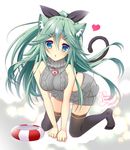  2017 all_fours aran_sweater artist_name ass backless_dress backless_outfit bangs bare_shoulders black_legwear black_ribbon blush bowl breasts butt_crack dated dress eyebrows_visible_through_hair full_body green_eyes green_hair grey_dress hair_between_eyes hair_flaps hair_ornament hair_ribbon hairclip halterneck jewelry kantai_collection kawai_maria kneeling locket long_hair looking_at_viewer medium_breasts meme_attire naked_sweater no_bra no_panties on_floor open_mouth pendant pet_bowl ponytail ribbed_sweater ribbon signature solo sweater sweater_dress thighhighs turtleneck turtleneck_sweater virgin_killer_sweater yamakaze_(kantai_collection) 