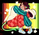  1boy animification antenna_hair beard_stubble bell black_border black_eyes blue_boots boots border brown_hair clown colorful commentary english_commentary facial_hair forked_tail full_body gloves green_tail hair_behind_ear hair_between_eyes hat head_tilt hermitcraft highres holding holding_unworn_clothes holding_unworn_hat ivy_(iveoy) jingle_bell long_sleeves looking_at_viewer male_focus minecraft_youtube multicolored_hair official_alternate_costume outside_border pants rainbow_background rainbow_hair shirt sideburns sitting smallishbeans solo star_(symbol) streaked_hair striped_clothes striped_shirt stubble tail tail_bell tail_ornament two-tone_pants two-tone_shirt unworn_hat unworn_headwear vest white_gloves white_hat white_vest 