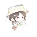  1girl bag bare_arms bare_shoulders black_hair braid brown_bag brown_eyes chibi chinese_commentary commentary_request cropped_legs dress fengmi_youzi_hua floating_blossoms_(infinity_nikki) flower frilled_dress frills green_dress green_ribbon handbag hat hat_flower highres holding holding_bag infinity_nikki light_blush long_hair nikki_(series) ribbon sidelocks simple_background single_braid sleeveless sleeveless_dress solid_oval_eyes solo sun_hat wavy_hair white_background white_flower yellow_hat 