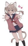  1girl :o absurdres ahoge animal_ear_fluff animal_ears black_sailor_collar black_skirt blue_sailor_collar blue_skirt blush brown_cardigan brown_hair cardigan cat_ears cat_girl cat_tail fang hair_between_eyes highres kneehighs long_hair long_sleeves looking_at_viewer neckerchief open_cardigan open_clothes open_mouth original outstretched_arms pleated_skirt sailor_collar saku_(saku_3193) school_uniform serafuku shirt skirt socks solo striped_background tail twintails white_background white_shirt 