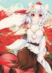  animal_ears autumn_leaves bare_shoulders blush breasts detached_sleeves funnyfunny hakama hat hip_vent inubashiri_momiji japanese_clothes looking_at_viewer medium_breasts mountain nature pom_pom_(clothes) red_eyes short_hair silver_hair solo tail tokin_hat touhou traditional_media tree wide_sleeves wolf_ears wolf_tail 