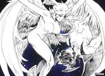  302 abs androgynous asuka_ryou breasts closed_eyes crosshatching devilman fudou_akira graphite_(medium) head_wings hermaphrodite highres large_breasts monochrome multiple_boys muscle nipples nude satan_(devilman) smile traditional_media twitter_username wings 