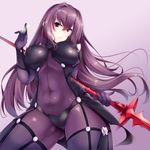 absurdres armor bodysuit breasts commentary_request covered_navel fate/grand_order fate_(series) gae_bolg hair_between_eyes highres holding holding_weapon large_breasts long_hair looking_at_viewer nksk pauldrons polearm purple_bodysuit purple_hair red_eyes scathach_(fate)_(all) scathach_(fate/grand_order) shoulder_armor solo spear veil very_long_hair weapon 