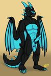  2017 anthro balls black_scales blazen cyan_scales dragon grin hi_res holding_penis horn male masturbation may825 membranous_wings nude penile_masturbation penis precum scales scalie sharp_teeth simple_background solo standing tan_background teeth wings 