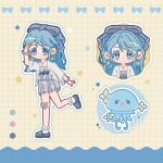  1girl blue_hair blue_ribbon blue_shoes bow bracelet brown_eyes bubble_print chinese_commentary closed_mouth color_guide colored_eyelashes commentary_request cropped_torso dot_nose dress earrings flower_earrings frilled_dress frilled_socks frilled_thigh_strap frills full_body grey_dress grid_background hair_ribbon halftone hand_on_own_head happy highres infinity_nikki jacket jellyfish jewelry light_blush long_hair long_sleeves mary_janes multiple_views necklace nikki_(series) open_clothes open_jacket outline partial_commentary pink_ribbon print_ribbon ribbon shoes short_dress sidelocks smile socks sparkle star_(symbol) straight-on straight_hair striped_ribbon stylist_(nikki) tareme thigh_bow thigh_strap tongyao_(su-yao) two-tone_ribbon white_bow white_jacket white_outline white_socks yellow_background 